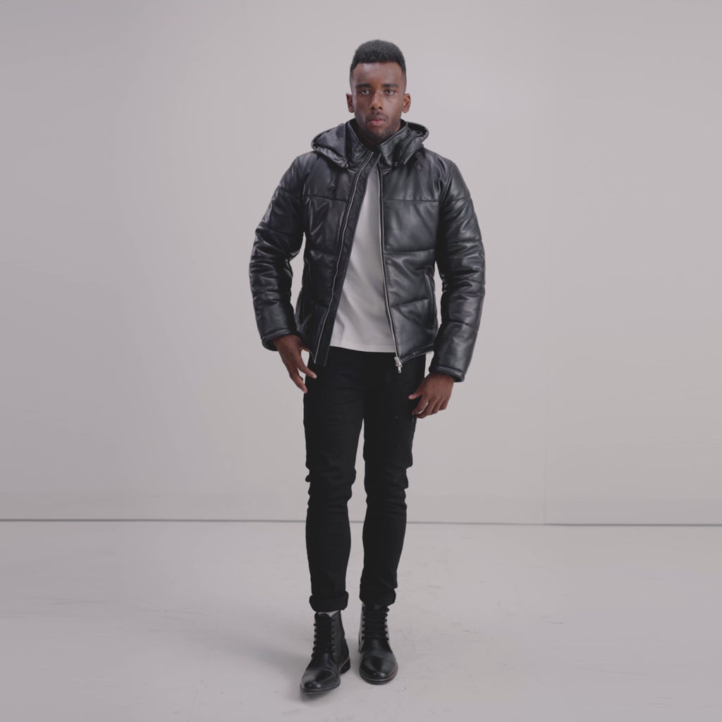 Gordon Black Hooded Leather Puffer Jacket - The Jacket Maker