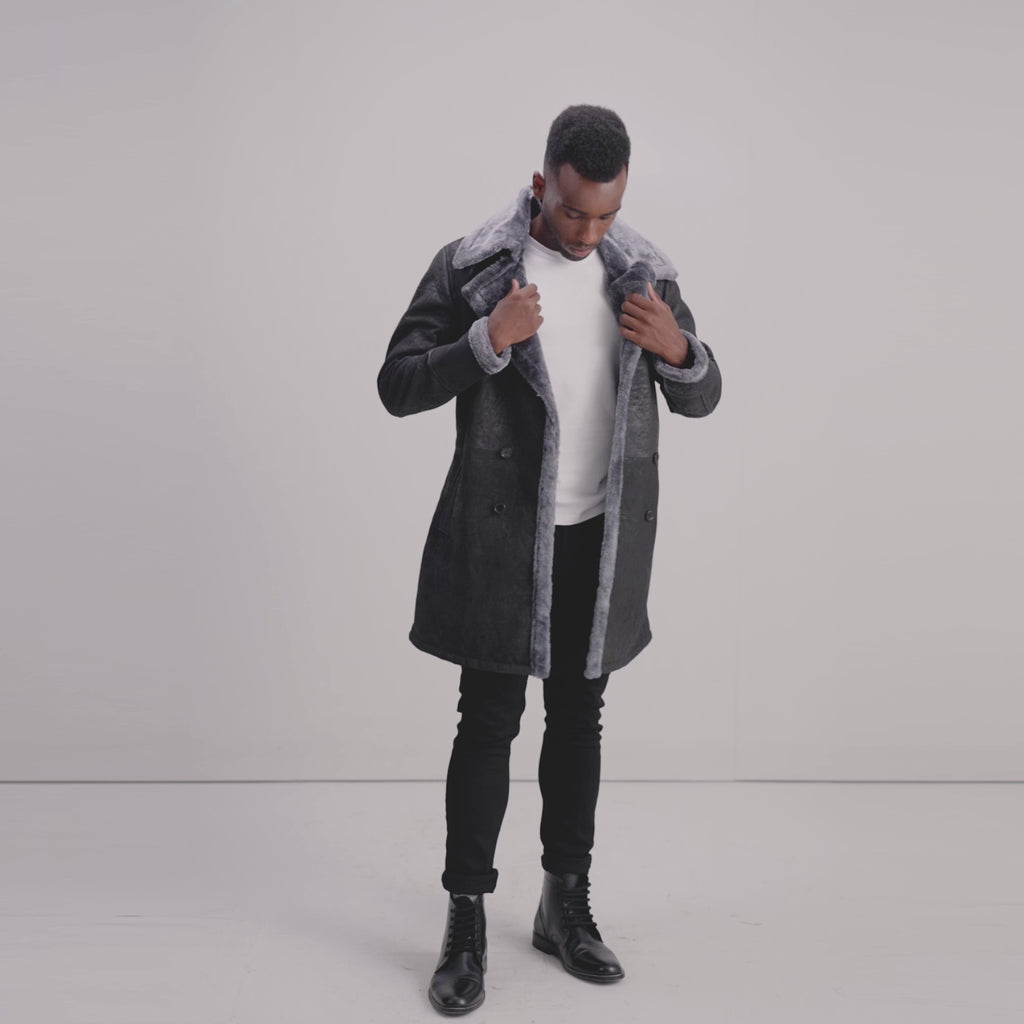 Charles Black Snuffed Leather Shearling Double-Breasted Coat - The