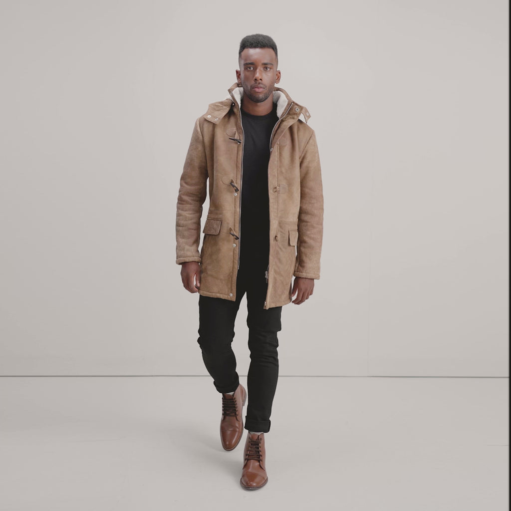 Nolan Distressed Brown Leather Duffle Coat - The Jacket Maker