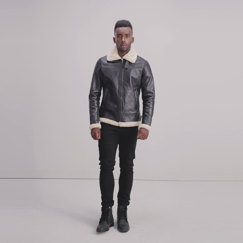 Francis B-3 Black & Cream Leather Bomber Jacket - The Jacket Maker