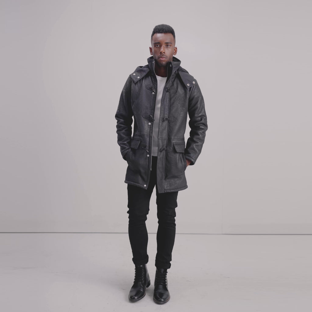 Nolan Black Snuffed Leather Duffle Coat - The Jacket Maker
