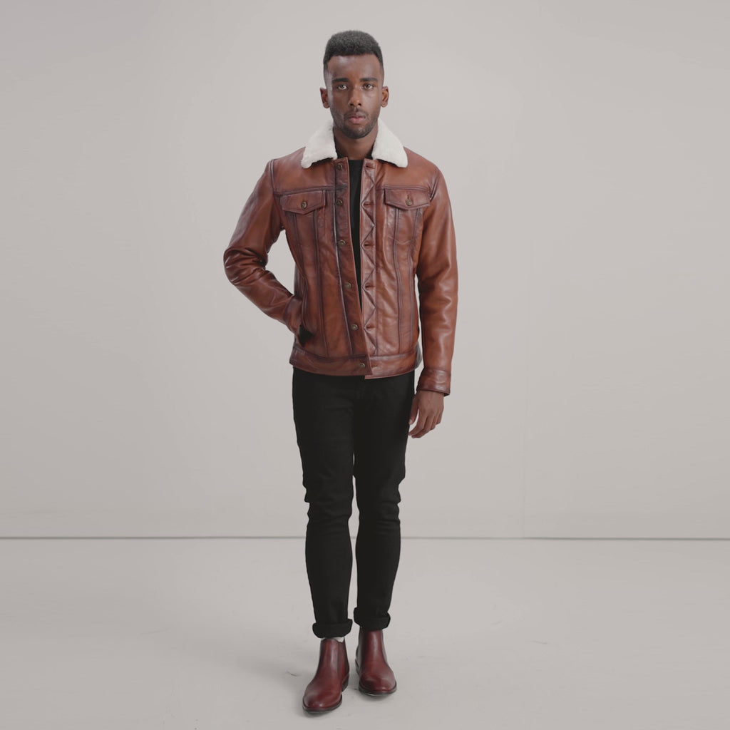 Dallis Brown Leather Shearling Trucker Jacket - The Jacket Maker