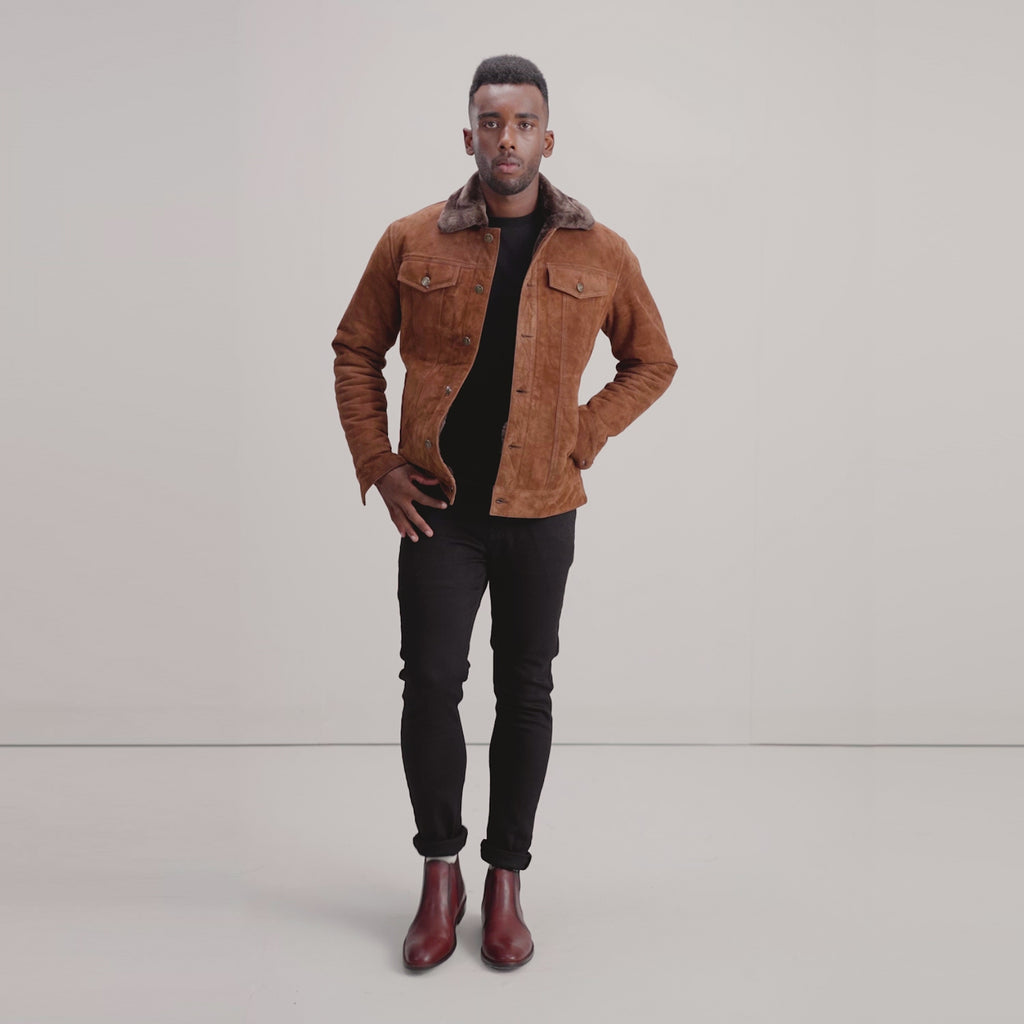 Dallis Brown Suede Shearling Trucker Jacket - The Jacket Maker