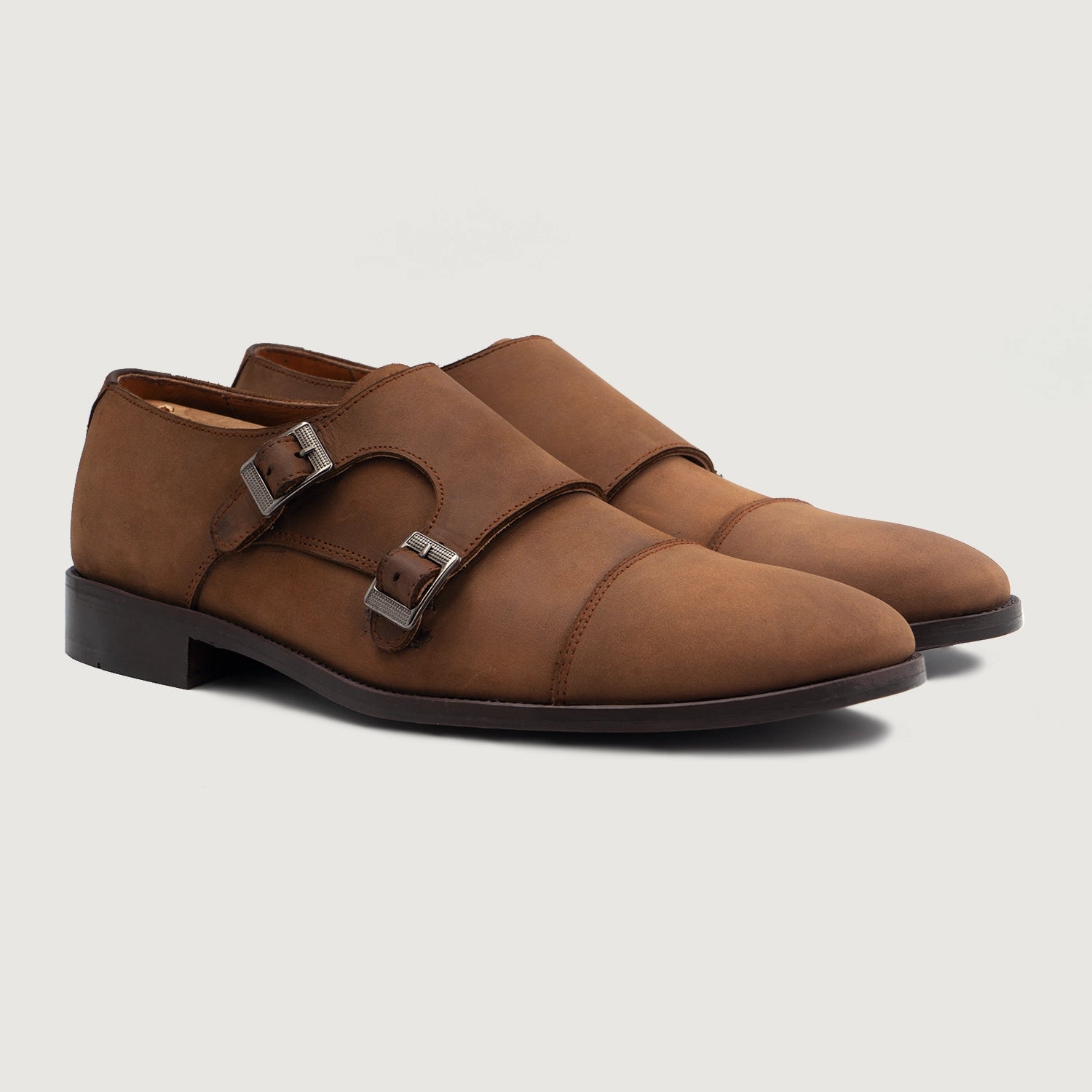 Boston Double Monk Strap Oil Pull-up Brown Leather Shoes For Men