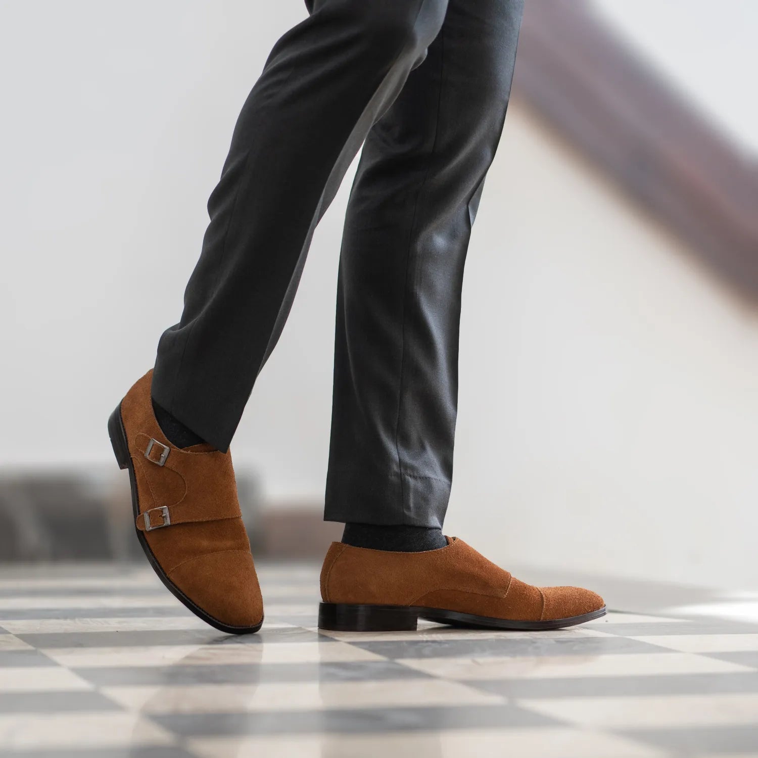 Boston Double Monk Strap Brown Suede Leather Shoes For Men  display picture 1