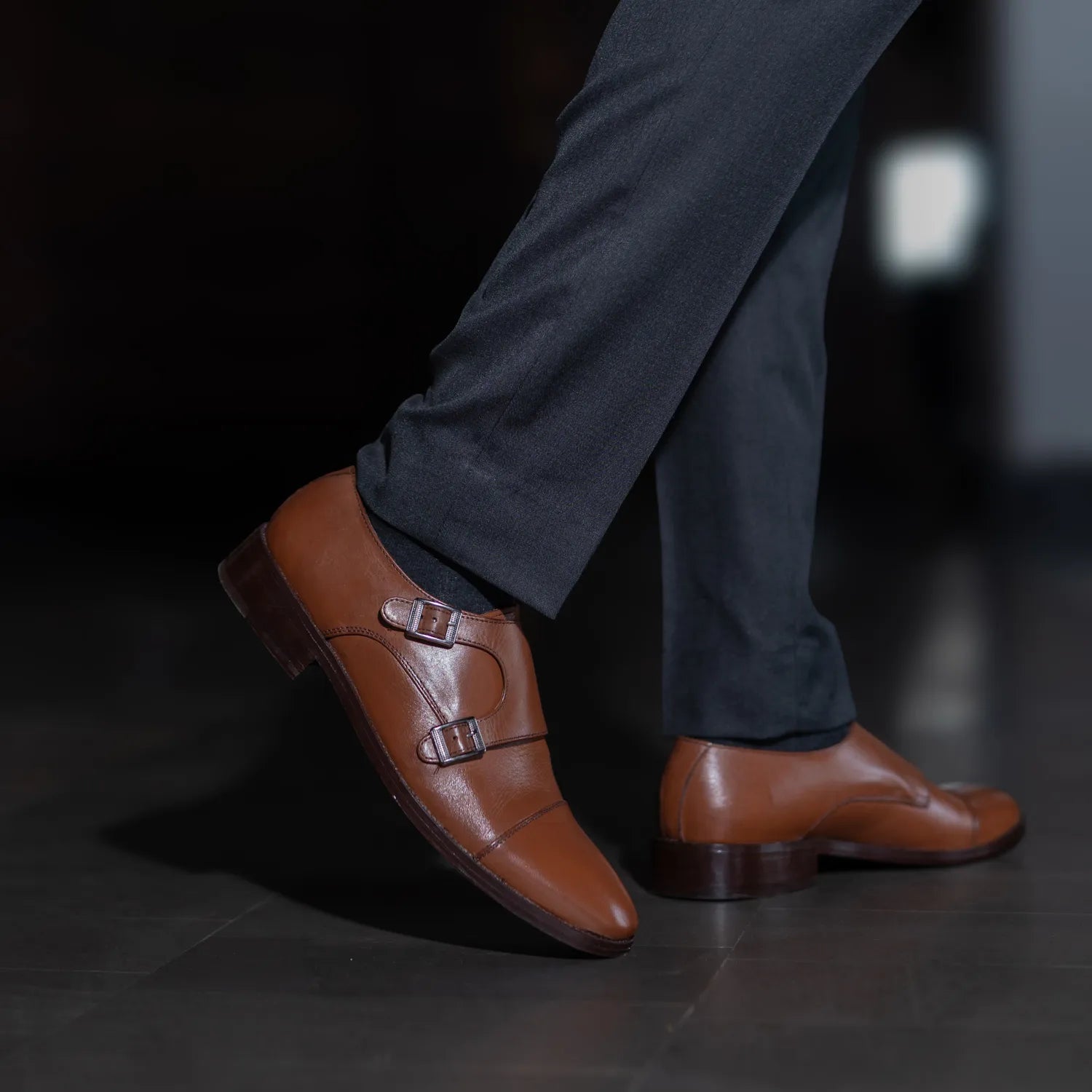 Boston Double Monk Strap Tan Leather Shoes For Men - The  display picture 2