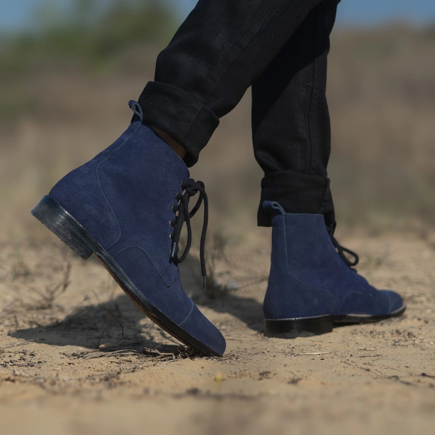blue dress boots men Handmade Two Tone Ankle Boots Blue Leather and Suede Lace Up Dress Boots  For Men