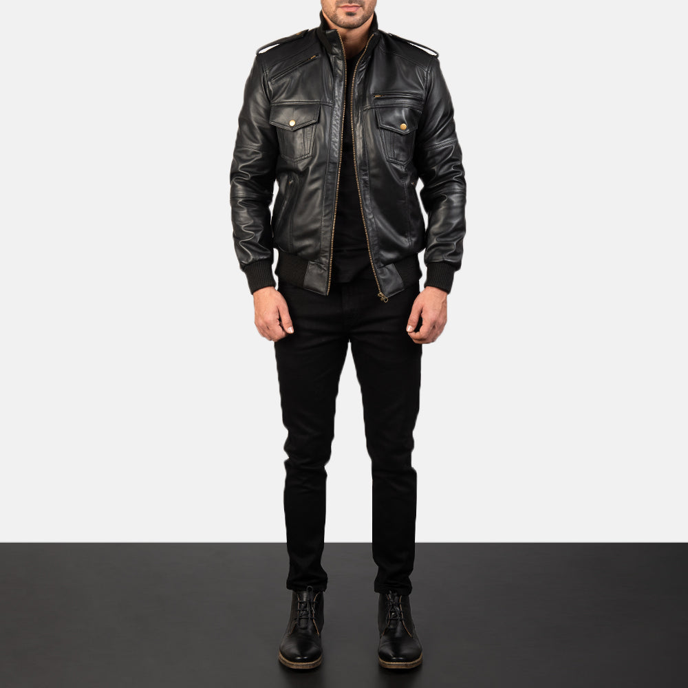 Men's Agent Shadow Black Leather Bomber Jacket – The Jacket Maker