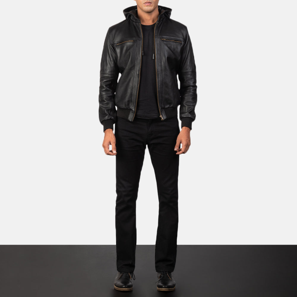 Men's Bouncer Biz Black Leather Hooded Bomber Jacket – The Jacket