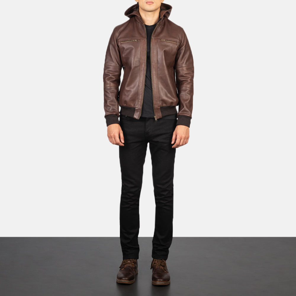 Men's Bouncer Biz Brown Leather Hooded Bomber Jacket – The Jacket Maker