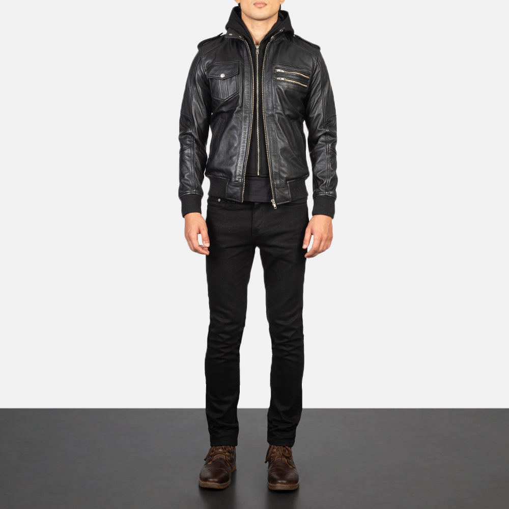 Men's Bravado Black Hooded Leather Bomber Jacket – The Jacket Maker