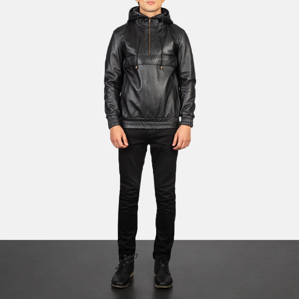 Men's Kenton Hooded Black Leather Pullover Jacket – The Jacket Maker