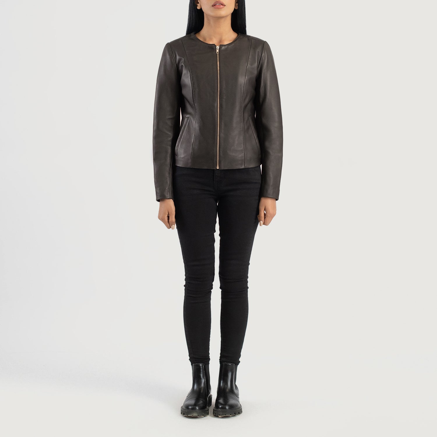 Women's Elixir Brown Collarless Leather Jacket – The Jacket Maker